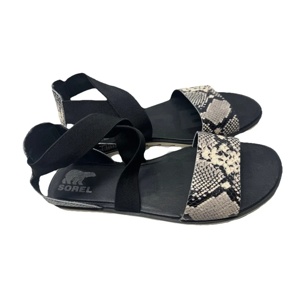 🔥Sorel Ella 🖤Sandal Women's 11 Snakeskin Print Black  Gladiator Elastic Straps